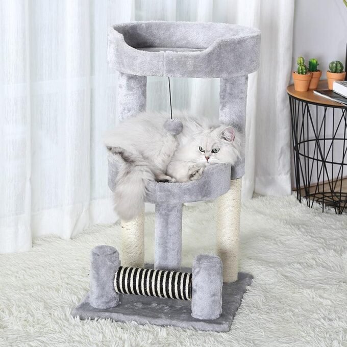 Gray Paw Print Cat Climbing Frame With Sisal Grinding Claw Toy - All-In-One Cat Playground